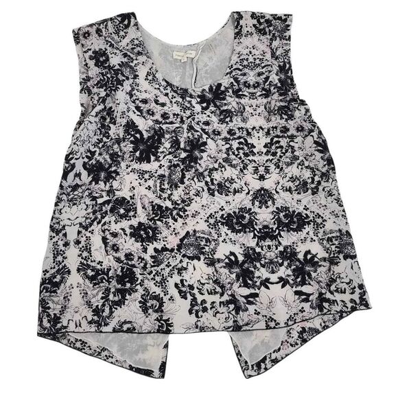 Rebecca Taylor Silk Kiku Print Floral Top Sleeveless Split Back Black Ivory Sz 2 - Picture 2 of 13